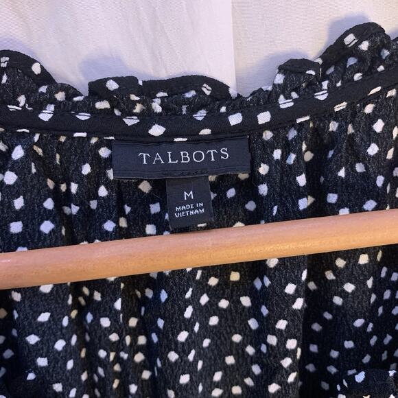 Talbots Dress Black White Dot Midi Dress Smocked Waist 3/4 Sleeve Ruffle Tier M - Picture 10 of 14